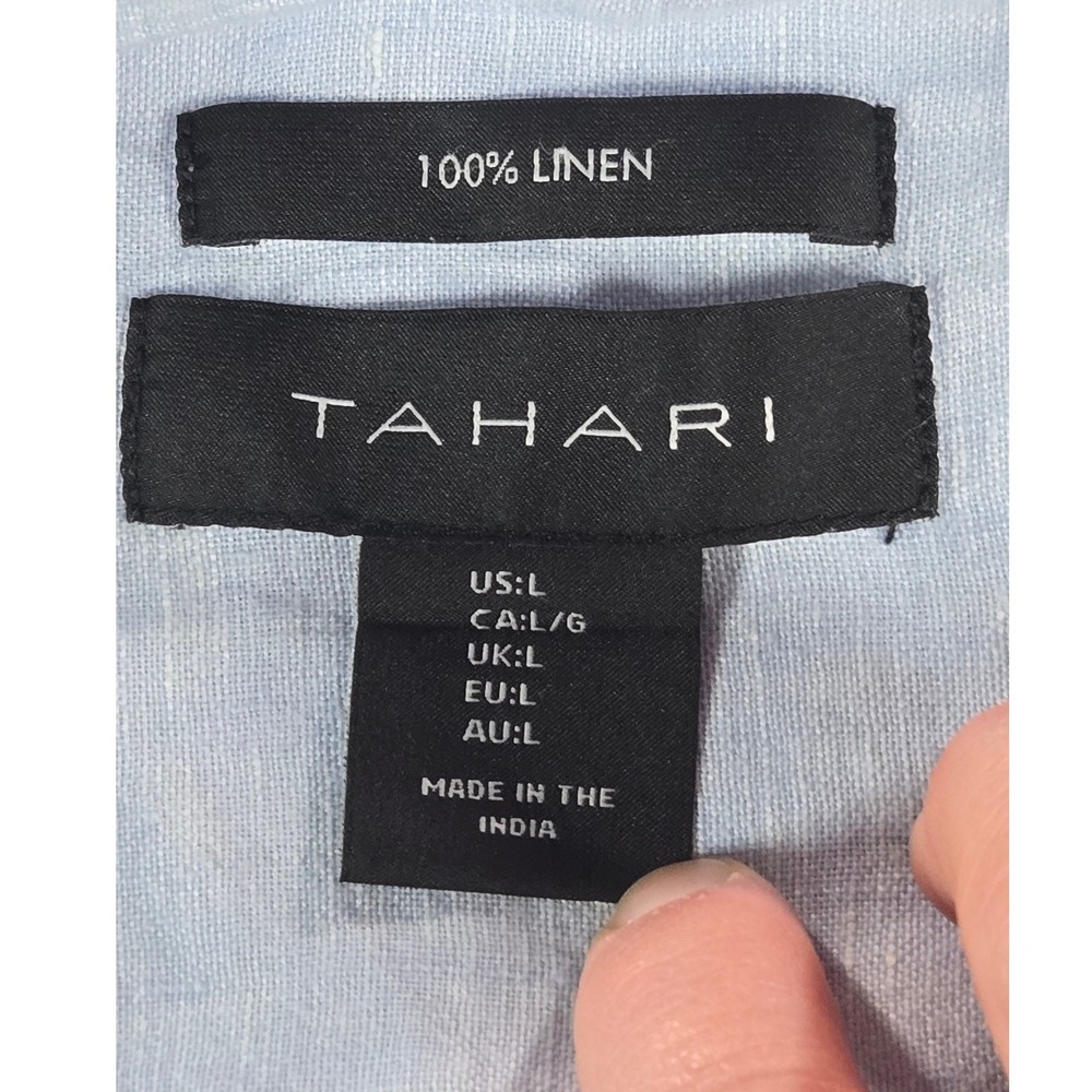 Tahari Tunic Top Womens Large Light Blue 100% Linen 3/4 Sleeve Side Button Boho - Picture 4 of 5